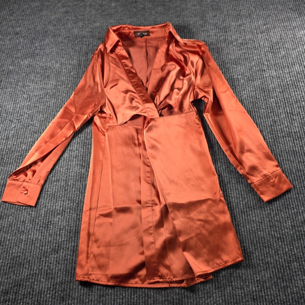 4SI3NNA Rust Orange Satin Long Sleeve Cutout Wrap Mini Shirt Dress XS
